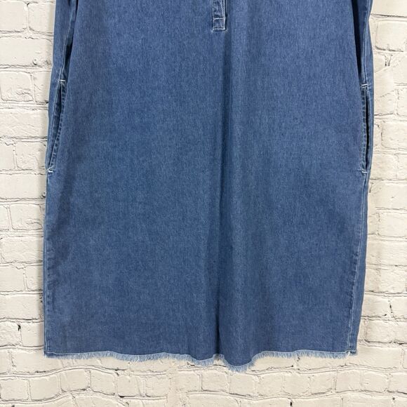 J McLaughlin Jones Denim Shift Dress Blue Raw Fringe Hem Trim Casual - Picture 6 of 12